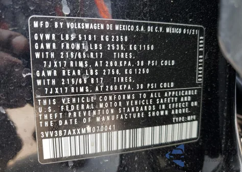 2021 Volkswagen Tiguan Se from USA, damaged, VIN 3VV3B7AXXMM070041